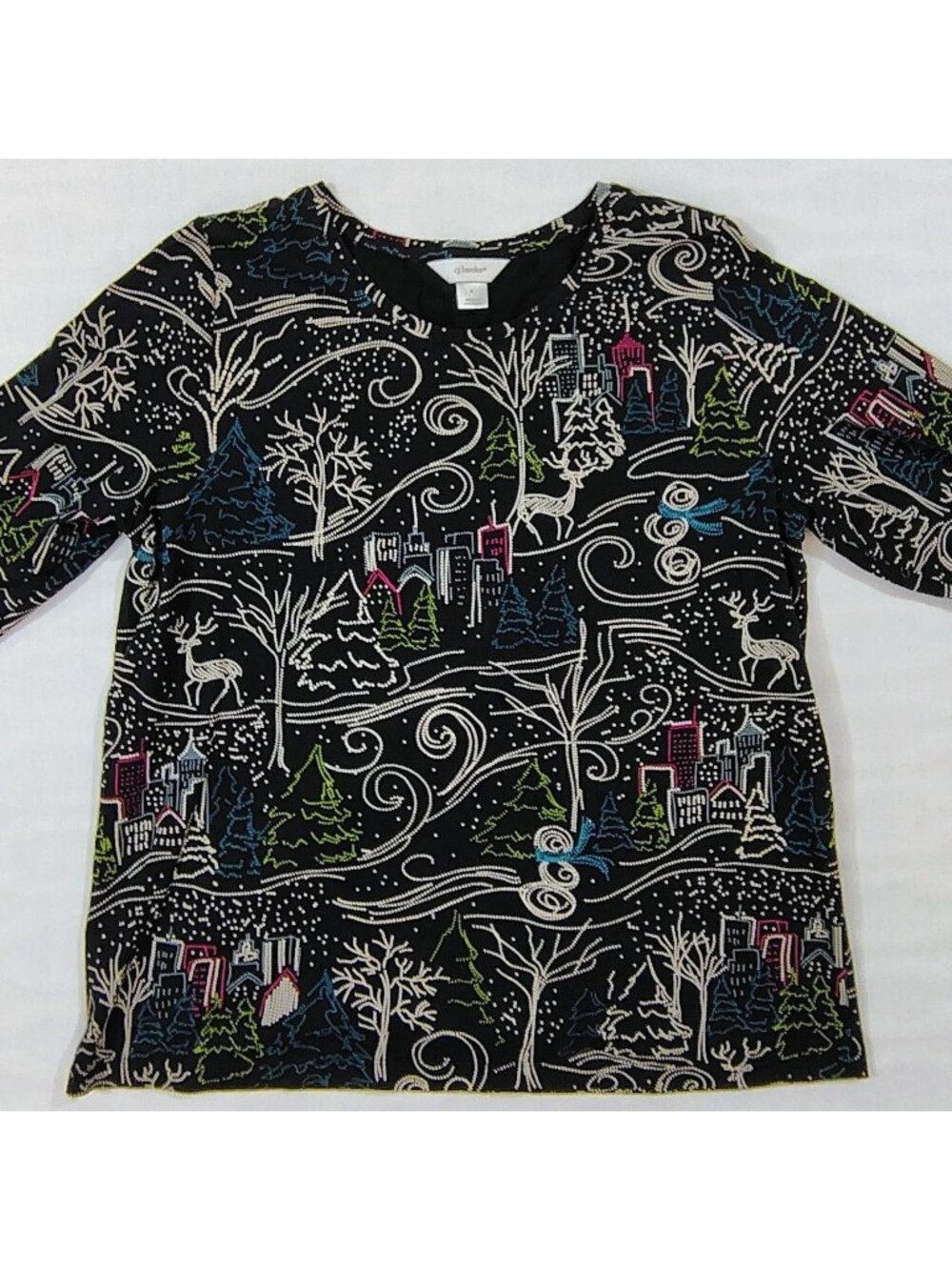 CJ Banks Winter Scene Long Sleeve Black Knit Top Womens X Cotton Blend Holiday